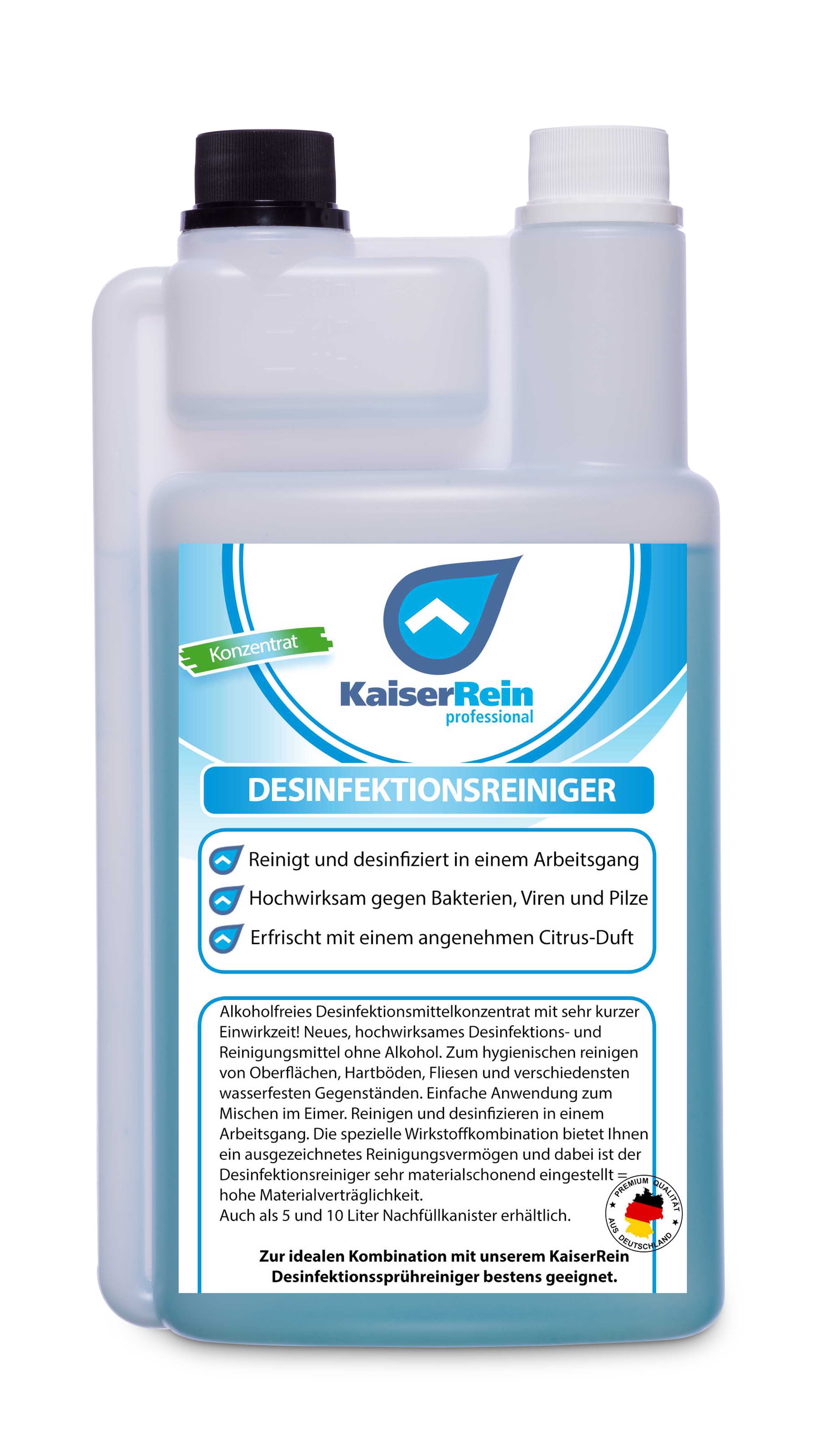 Desinfektionsreiniger Konzentrat 1L - Angenehmer Citrus-Duft, Effektive Flächendesinfektion, Alkoholfrei, Desinfektionsmittel, Flächendesinfektionsmittel